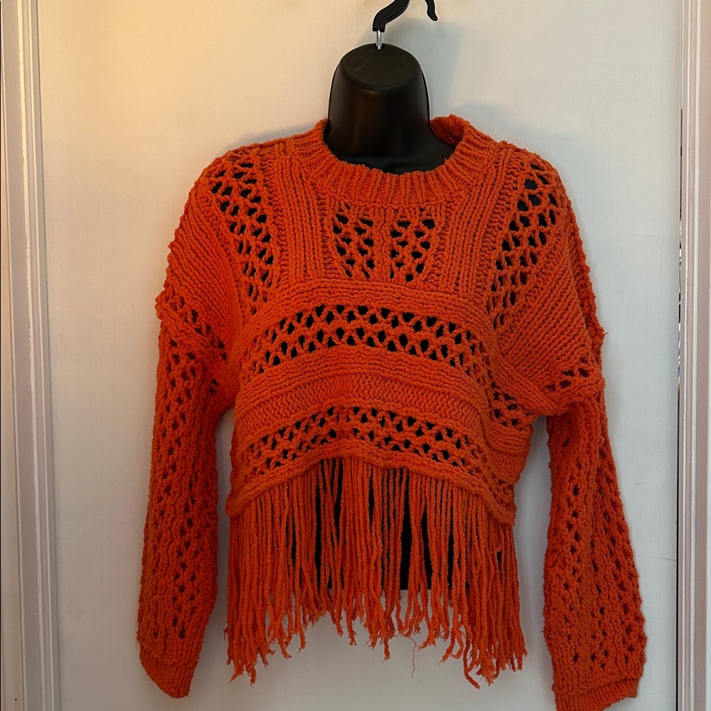 Free People Orange Fringe Sweater XS